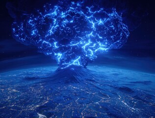 Energetic, digital-artistic eruption over a city scape at night, with bright blue sparks and light emanating from the volcano, dominating the scene