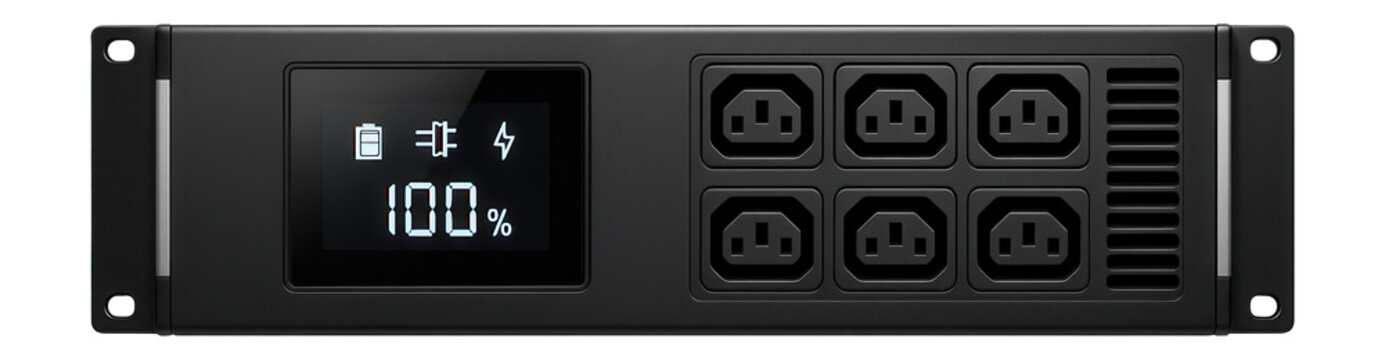Rack-mounted offline UPS with a digital display and multiple IEC output ports