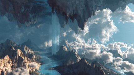 Majestic waterfall cascading from floating island fantasy landscape digital art cloudy sky surreal concept