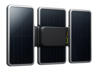Modular solar panel kit with detachable sections and a central power hub for versatile configurations