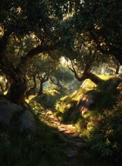 A winding path illuminated by sunlight through an olive tree grove. Boulders line the path and foliage abounds with green and brown hues