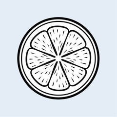 A simple, high-contrast black and white illustration of a citrus fruit slice, showcasing its segmented interior and bold outline against a solid pastel background