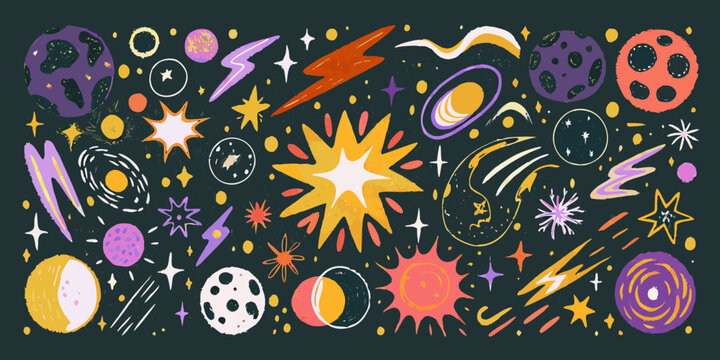 Whimsical hand drawn space elements and celestial bodies on dark background
