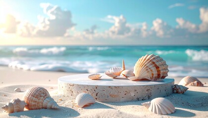 Elegant Seashells Adorning a Pristine Sandy Beach with Gentle Ocean Waves and Golden Sunlight, Evoking a Serene Coastal Summer Vacation Atmosphere