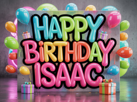 Bright colorful Happy Birthday Isaac sign with balloons and gift boxes. Fun celebration party background