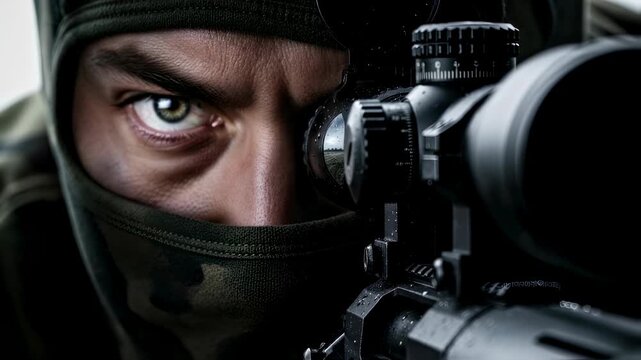 Male sniper with intense green eyes in camouflage mask aims lethal rifle for critical military combat during wartime footage