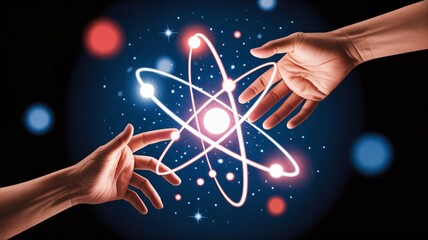 Human hands interacting with a glowing atom model, symbolizing innovation and scientific advancement in technology