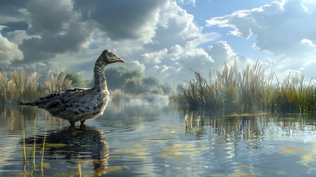 Goose standing in water with reeds and cloudy sky