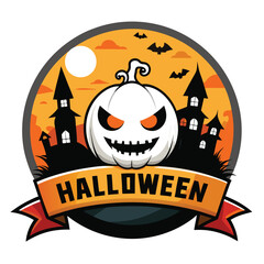 Halloween emblem with a white pumpkin and spooky elements