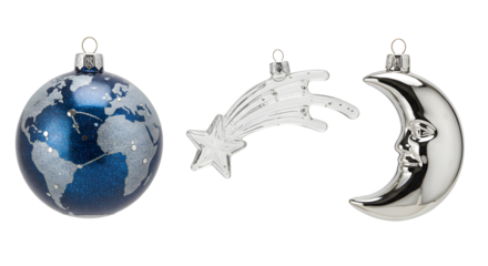 Blue Earth globe Christmas ornament with silver shooting star and crescent moon decorations perfect for holiday decor