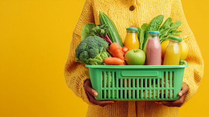 Person holding a green basket filled with fresh vegetables and juice bottles on a yellow background