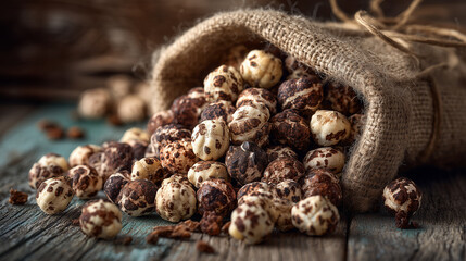 A burlap sack spilling tiger nuts onto a weathered blue wooden surface in soft studio lighting