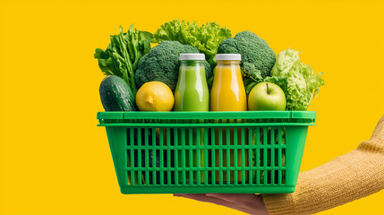 Hand holding a green basket filled with fruits vegetables and juice on a yellow background