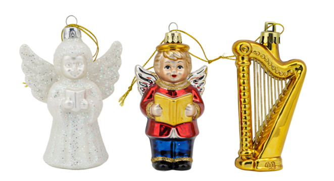 Christmas tree ornaments featuring two angel figurines and a golden harp decoration, perfect for holiday decorating
