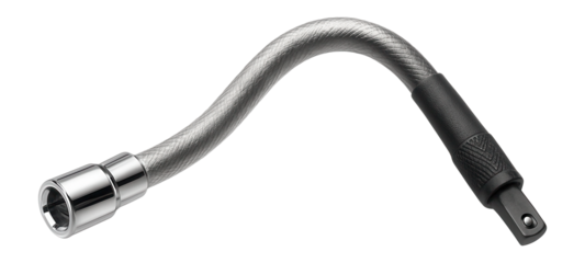 Flexible socket extension with a 1/4-inch drive, featuring a bendable shaft for reaching tight spaces in a carpentry workshop.