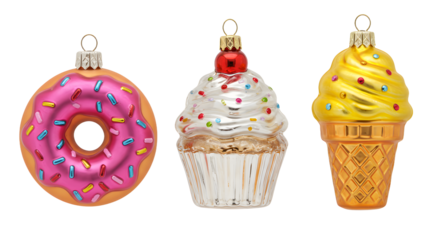 Christmas tree ornaments shaped like a pink frosted donut, a white cupcake, and a yellow ice cream cone with sprinkles, ideal for festive holiday decoration