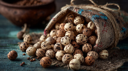 A burlap sack filled with tiger nuts spilling onto a textured surface with a wooden bowl behind it