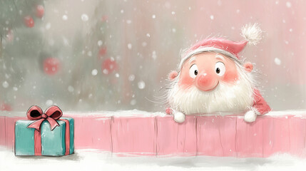 A whimsical digital illustration of a cute Santa Claus or Elf character peeking over a pink wooden fence.  Space for text. 