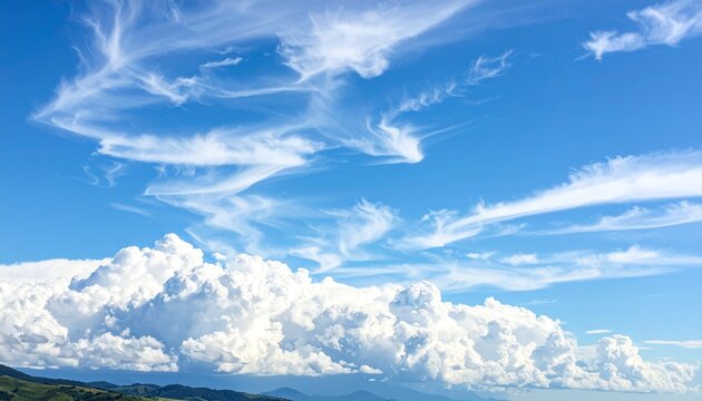 Breathtaking celestial view of a bright blue sky with a dynamic mix of dense cumulus clouds below and scattered cirrus above