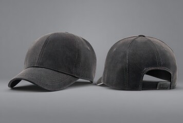 Two dark gray baseball caps rest on a plain gray background, one facing forward, the other backward, showing the adjustable strap