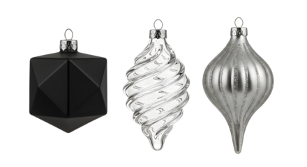 Black and silver Christmas ornaments set with geometric and spiral shapes, perfect for modern holiday decoration