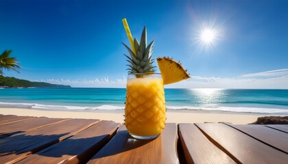 A Vibrant Pineapple Beverage Is Proudly Displayed Contrasting Beautifully Against The Stunning Backdrop Of A Sun Soaked Beach On A Perfect Day