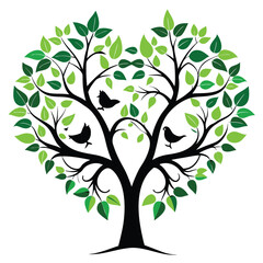 Fototapeta premium Heart Shaped Tree Silhouette with Birds Illustration a Symbol of Love, Nature and Peacefulness for Wall Art or Decoration
