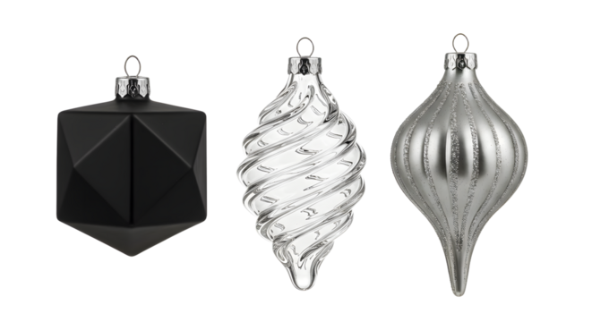 Black and silver Christmas ornaments set with geometric and spiral shapes, perfect for modern holiday decoration