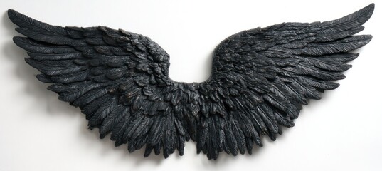 Pair of textured black wings, spread and displayed against a white backdrop, with a focus on feather detail and symmetrical arrangement