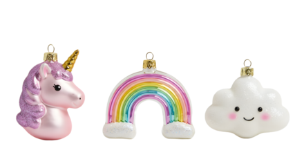 Cute pastel unicorn, rainbow, and smiling cloud hanging Christmas ornaments in soft pink, blue, yellow, and white colors, perfect for whimsical holiday decor