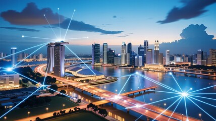 Dynamic cityscape with glowing network connections over Singapore at twilight showcases global connectivity