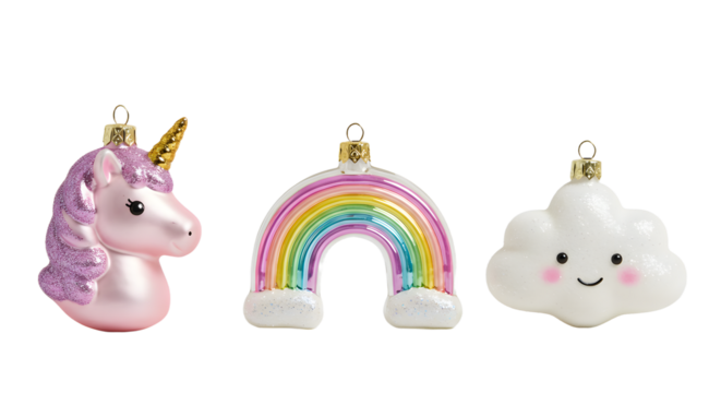 Cute pastel unicorn, rainbow, and smiling cloud hanging Christmas ornaments in soft pink, blue, yellow, and white colors, perfect for whimsical holiday decor