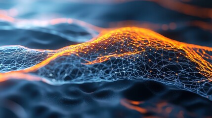 A vibrant, abstract digital representation of flowing waves, showcasing intricate patterns of light and color in a network-like structure.