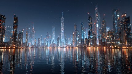 Futuristic Cityscape at Night with Reflections on Water in an Urban Landscape