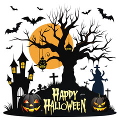 Spooky halloween scene silhouette with a jack o lantern and moon