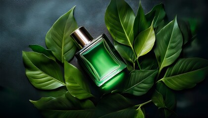 A Sleek Green Perfume Bottle Rests On A Dark Surface Surrounded By Lush Leaves Symbolizing Freshness And Vibrancy Inviting Exploration And Delight In Its Scent
