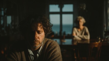 Man in deep thought with a woman in the background