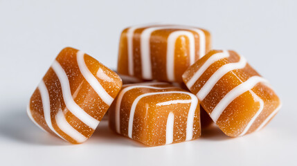 A close up of a small pile of caramel candies with white stripes on a white background surface view