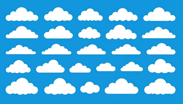 A diverse collection of flat style white cloud icons. Vector graphic elements set isolated on a blue sky background for weather or design concepts