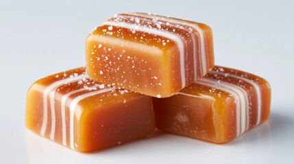 A stack of three caramel candies with white stripes and salt on a white background surface close up