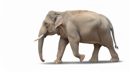 Naklejka premium A magnificent adult Asian elephant with impressive tusks strides gracefully across a pristine white background, showcasing its powerful presence and majestic form