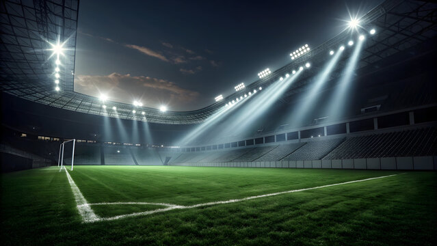 Empty soccer stadium at night with bright spotlights illuminating the green field and goalposts full hd 4k stock image download