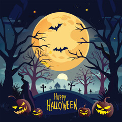 Spooky halloween night scene with a glowing full moon illuminating the darkness