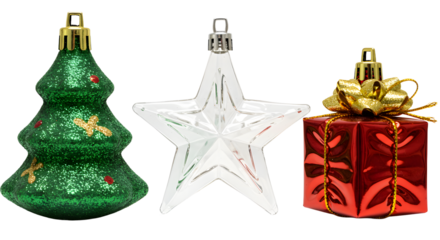 Christmas tree ornament, star decoration, red gift box with gold bow, festive holiday decorations perfect for Christmas and winter celebrations