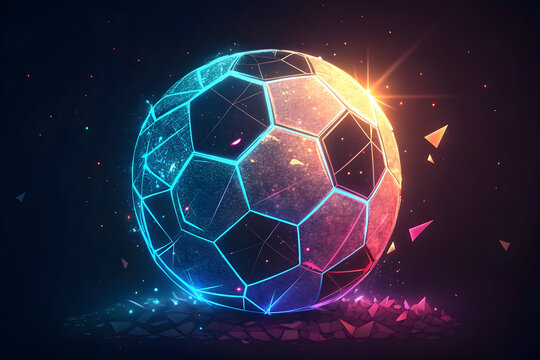 Glowing Neon Soccer Ball Made of Geometric Shards with Starburst Light full hd 4k stock image download