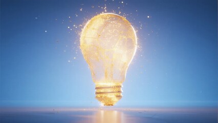 Illuminated light bulb with glowing particles against a clear blue background