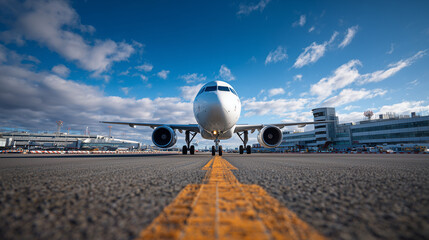 Airplane on the runway with blue sky and clouds ready for takeoff at the airport terminal area