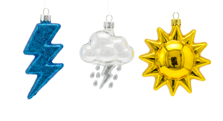 Colorful weather-themed glass Christmas ornaments with lightning bolt, cloud with lightning, and shiny golden sun, perfect for holiday decorations