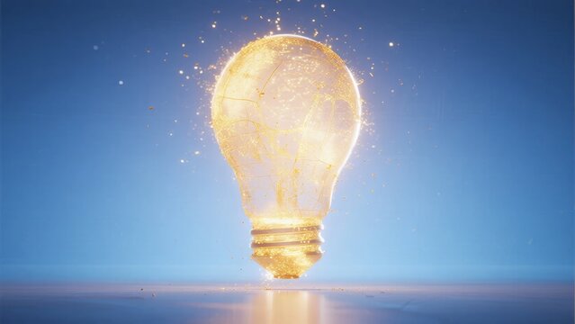Illuminated light bulb with glowing particles against a clear blue background