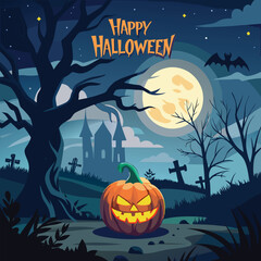 Spooky halloween night scene with grinning jack o lantern